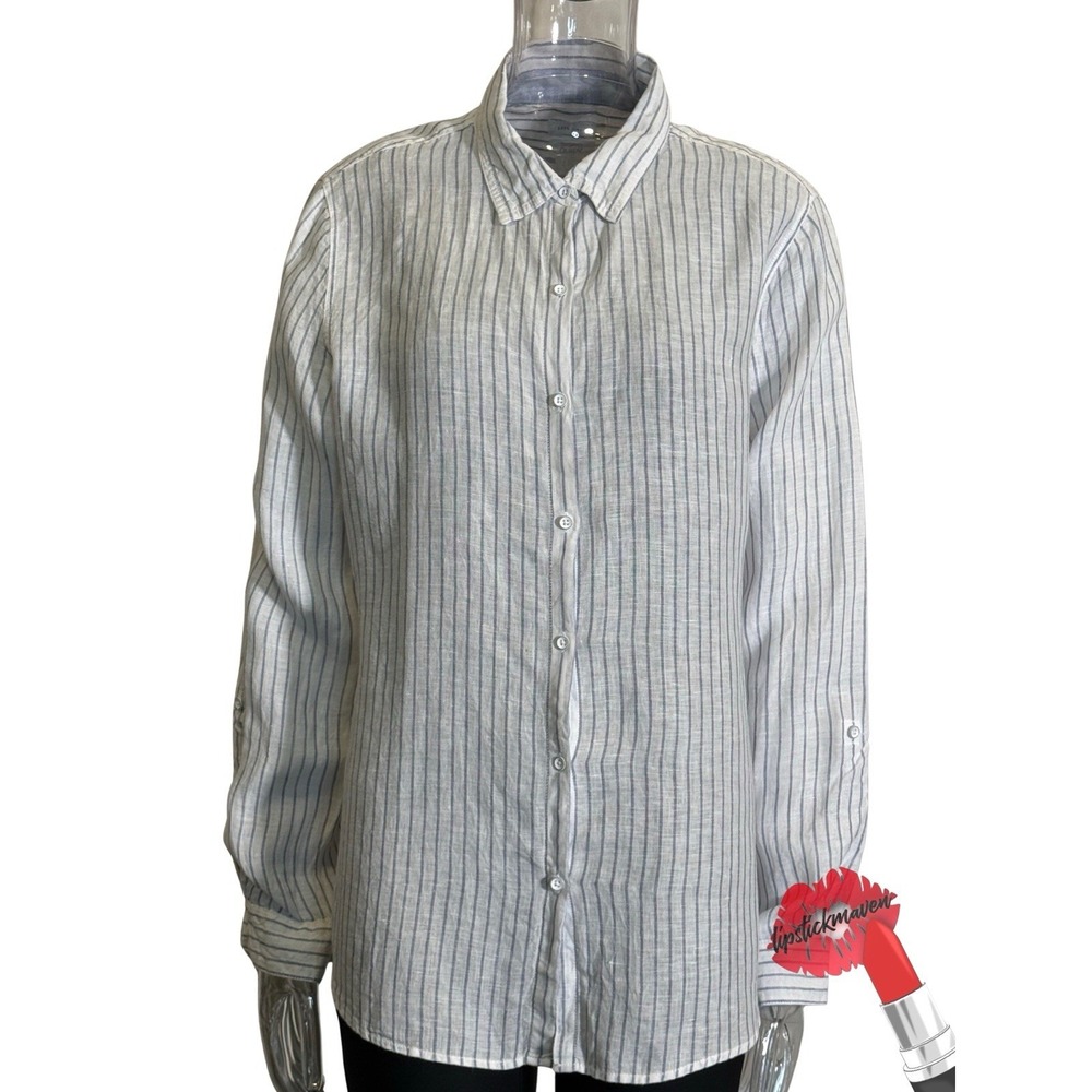 Sigrid Olsen 100% Linen Button Up Shirt Womens Size XL White Blue Stripes Preppy